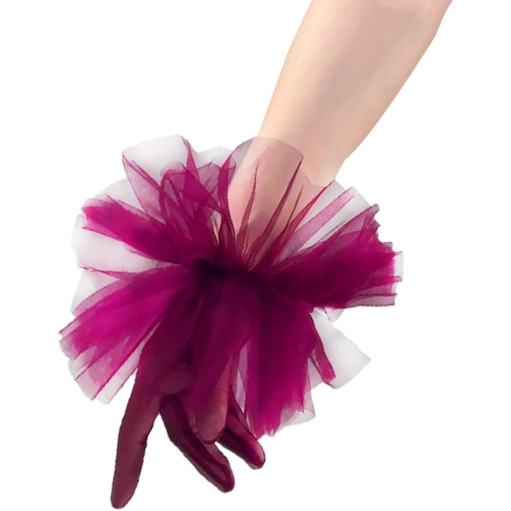 Women's Fashion Burgundy Ruffle Tulle Clown Puffy Cuffs Gloves Evening Party